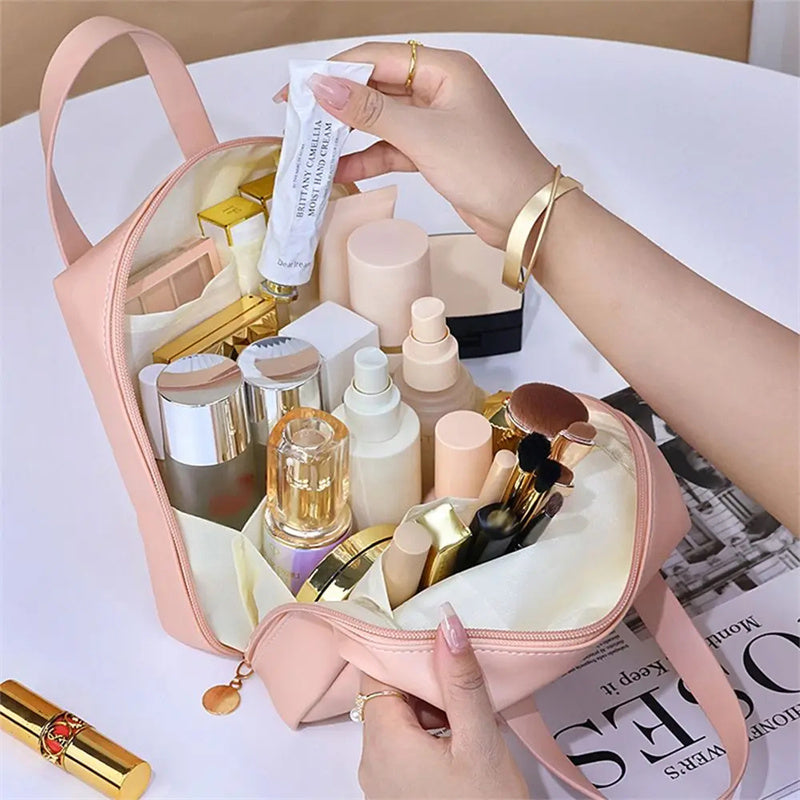 Leather Cosmetic Bag Waterproof Leather Makeup Pouch-Bag Multifunction Carry-on Makeup Tote Travel Wash Bags