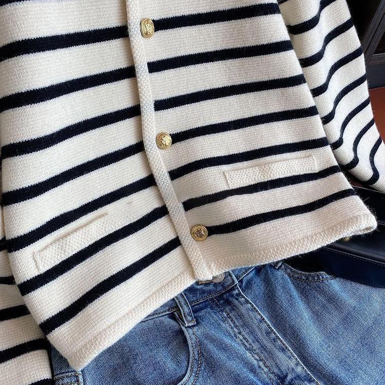 Black & White Striped Knitted Cardigan Women's Outer Wear Cropped Sweater Coat