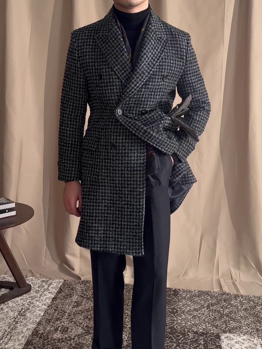 Wool Double Breasted Houndstooth Mid-length Coat