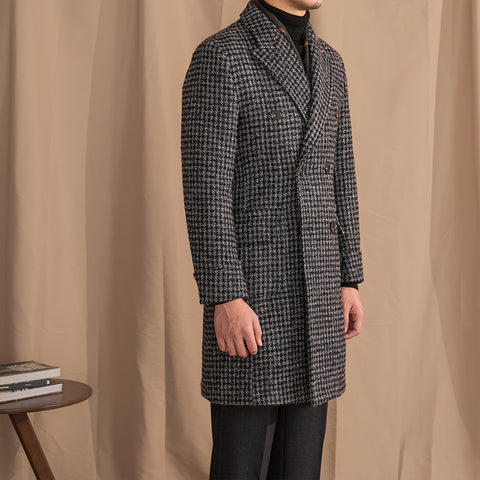 Wool Double Breasted Houndstooth Mid-length Coat