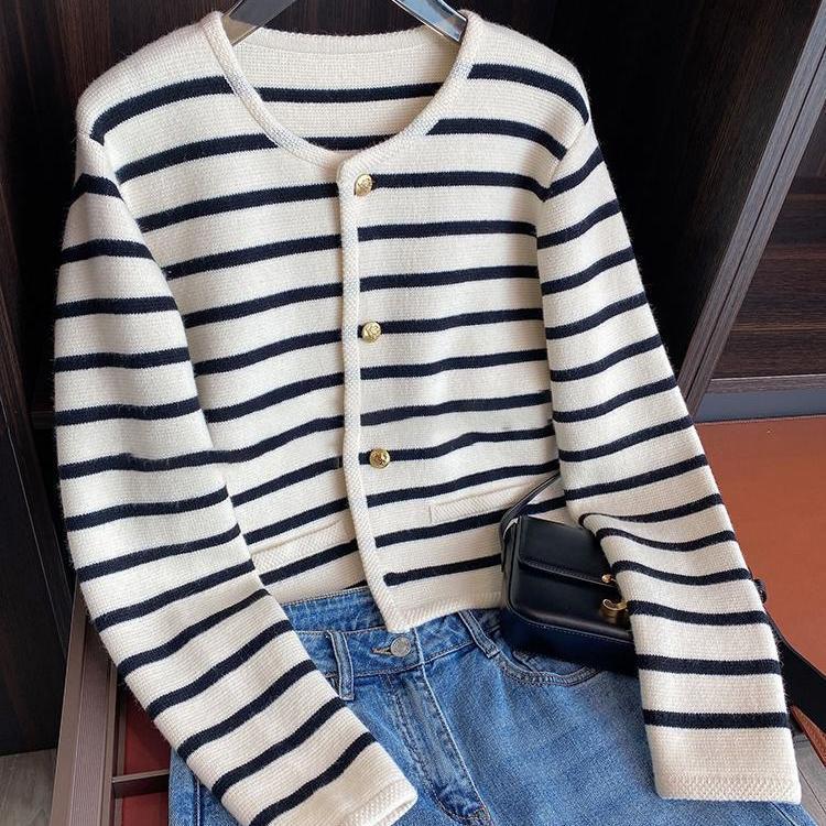Black & White Striped Knitted Cardigan Women's Outer Wear Cropped Sweater Coat