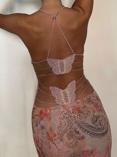 Women's Floral Print Halter Spaghetti Strap Dress Sexy Slim Butterfly Back Spring-Summer Women's Fashion