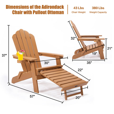 TALE Folding Adirondack Chair With Pullout Ottoman With Cup Holder, Oversized, Poly Lumber,  For Patio Deck Garden, Backyard Furniture, Easy To Install,. Best chair deal for a long lasting all weather chair