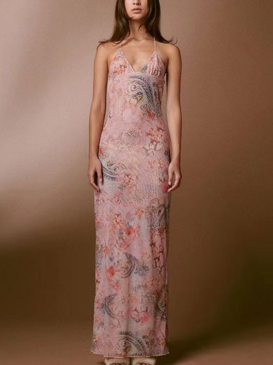 Women's Floral Print Halter Spaghetti Strap Dress Sexy Slim Butterfly Back Spring-Summer Women's Fashion