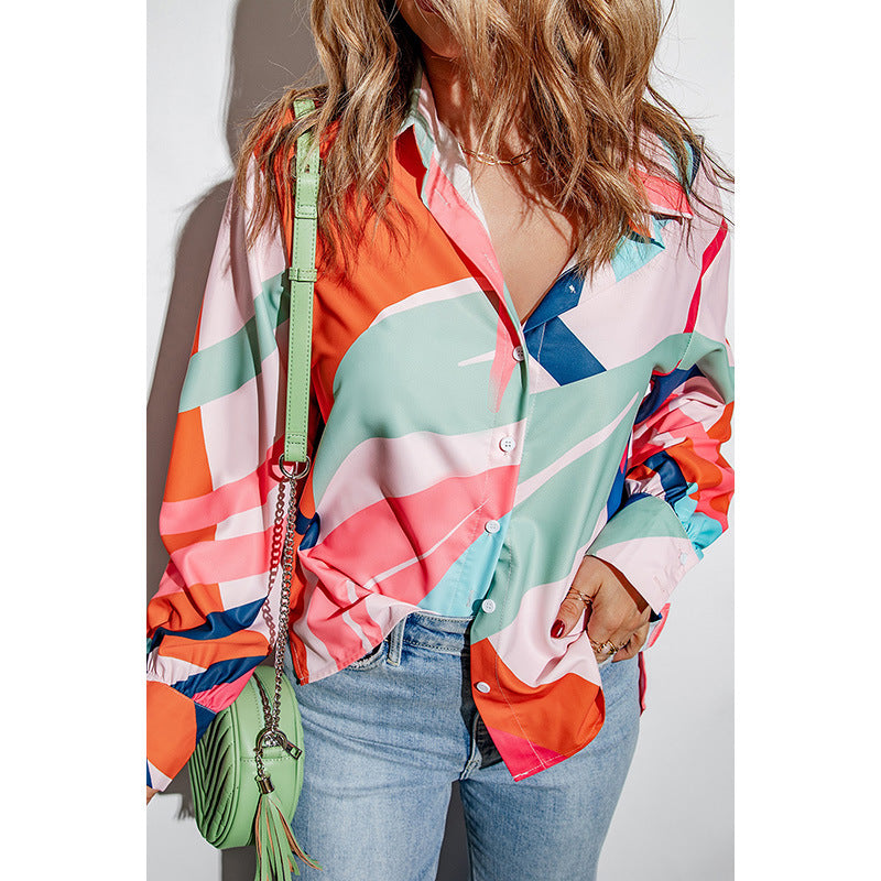 Abstract Thin Long-Sleeved Button Down Blouse