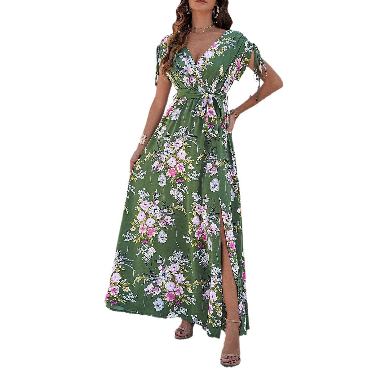 Women's Leisure Floral Lace-Up Swing Maxi Dress
