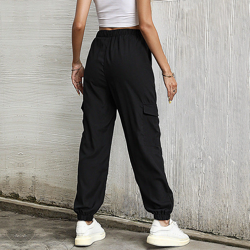 Long Solid Color Casual Elastic Ankle Banded Cargo Pants