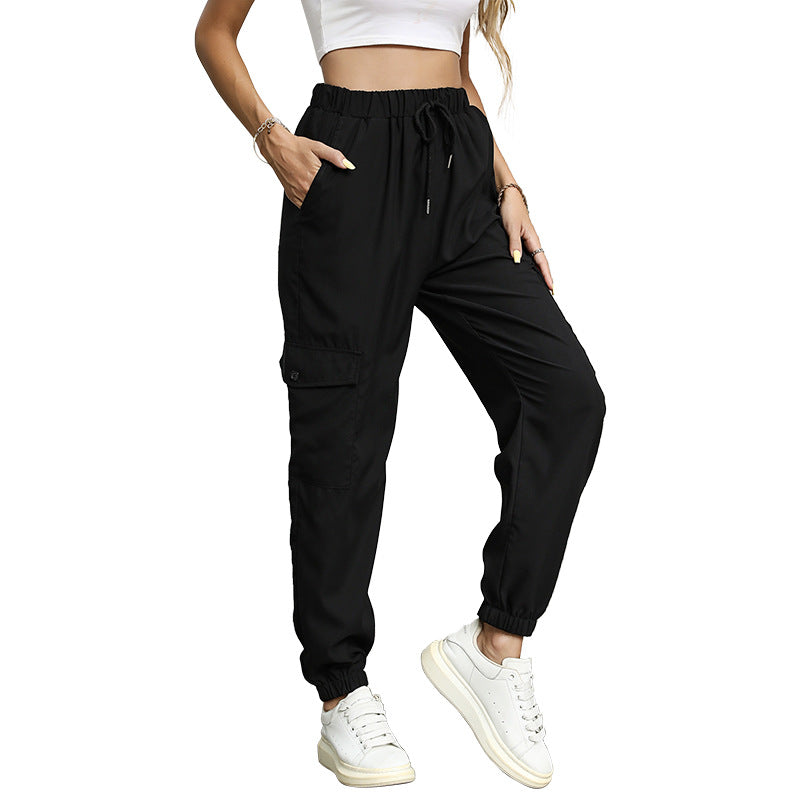 Long Solid Color Casual Elastic Ankle Banded Cargo Pants