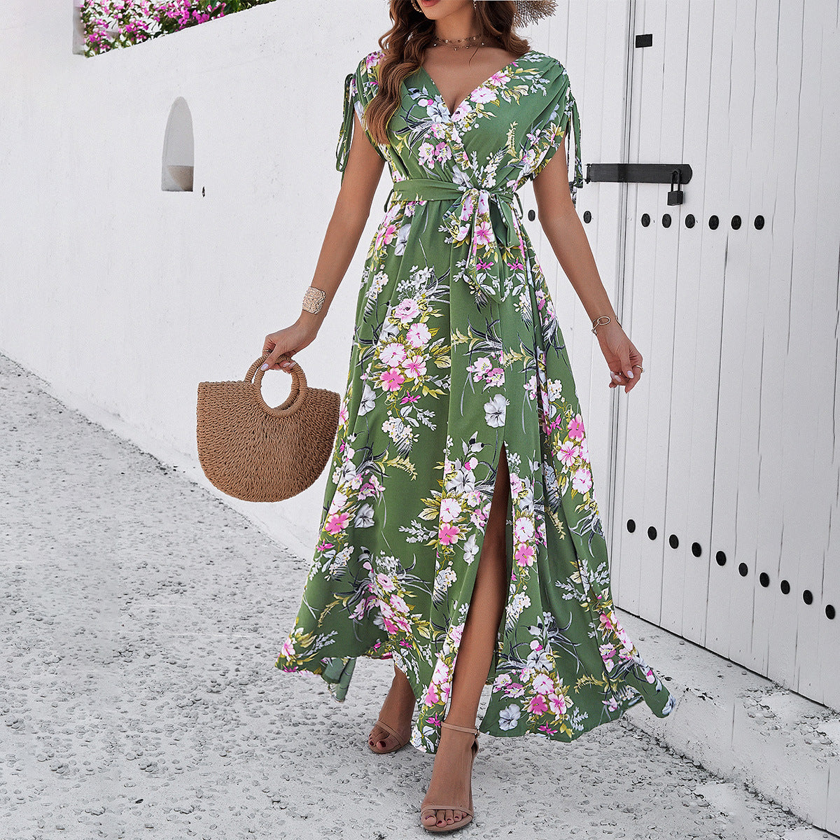Women's Leisure Floral Lace-Up Swing Maxi Dress