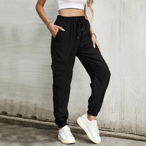 Long Solid Color Casual Elastic Ankle Banded Cargo Pants