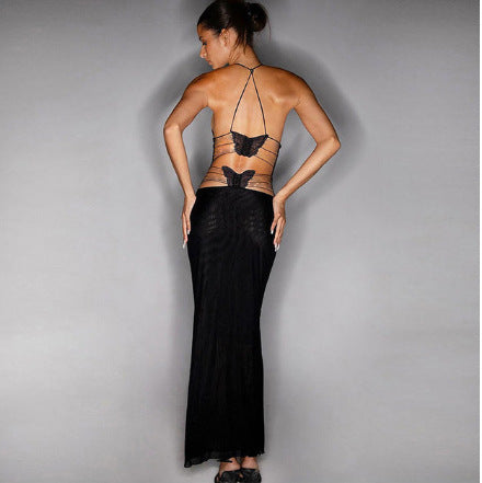 Women's Floral Print Halter Spaghetti Strap Dress Sexy Slim Butterfly Back Spring-Summer Women's Fashion