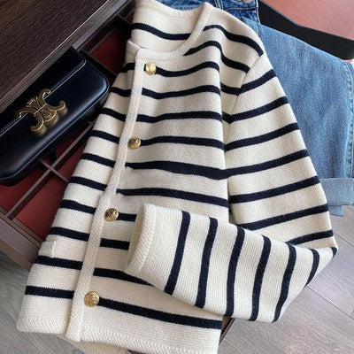 Black & White Striped Knitted Cardigan Women's Outer Wear Cropped Sweater Coat