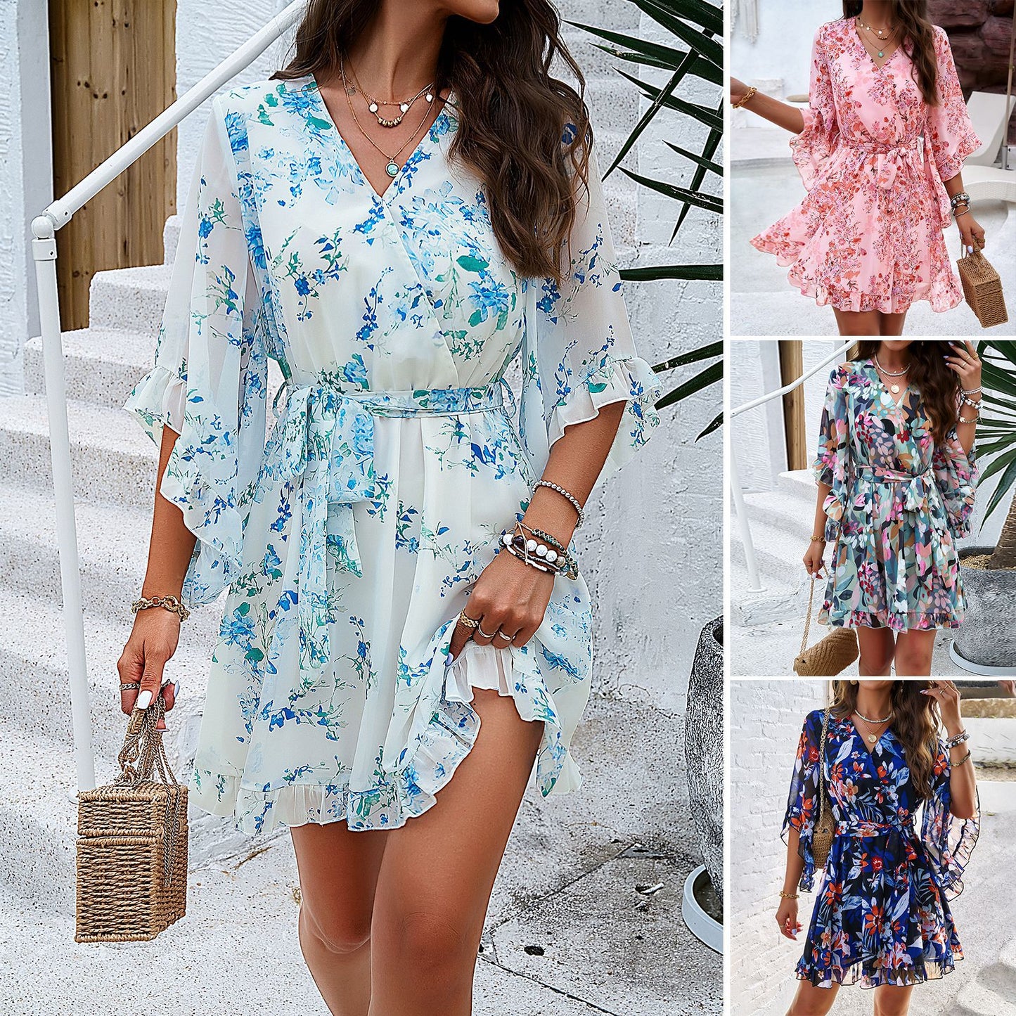 Women's  Summer Floral Print Short Sleeve Dress Lace Up Ruffle Design V-Neck Short Dress