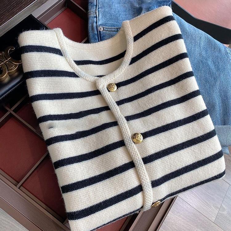 Black & White Striped Knitted Cardigan Women's Outer Wear Cropped Sweater Coat
