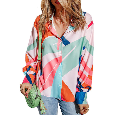 Abstract Thin Long-Sleeved Button Down Blouse