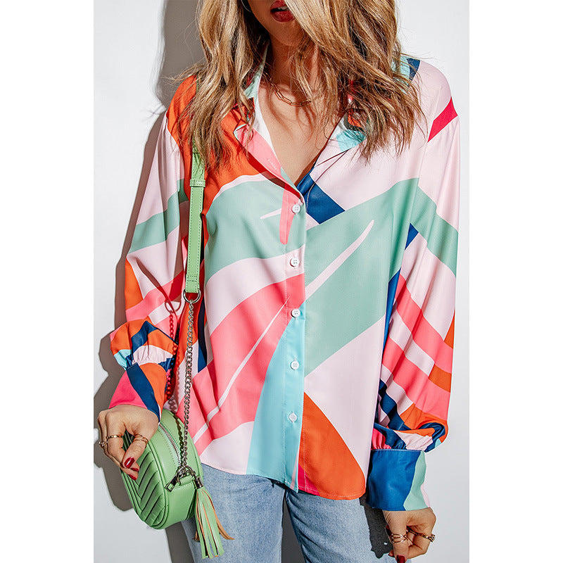 Abstract Thin Long-Sleeved Button Down Blouse