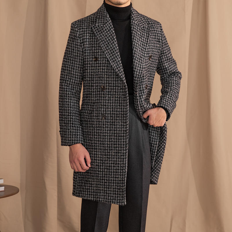 Wool Double Breasted Houndstooth Mid-length Coat