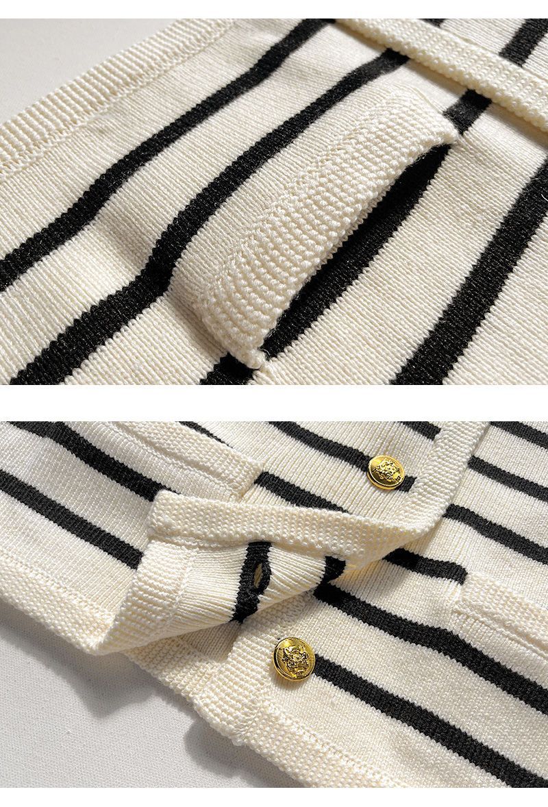 Black & White Striped Knitted Cardigan Women's Outer Wear Cropped Sweater Coat