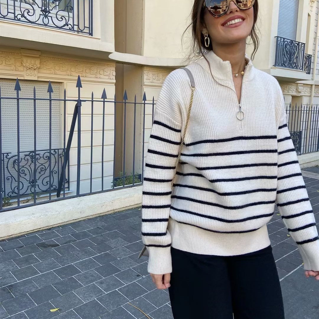 Women's Quarter Zip Striped Sweater